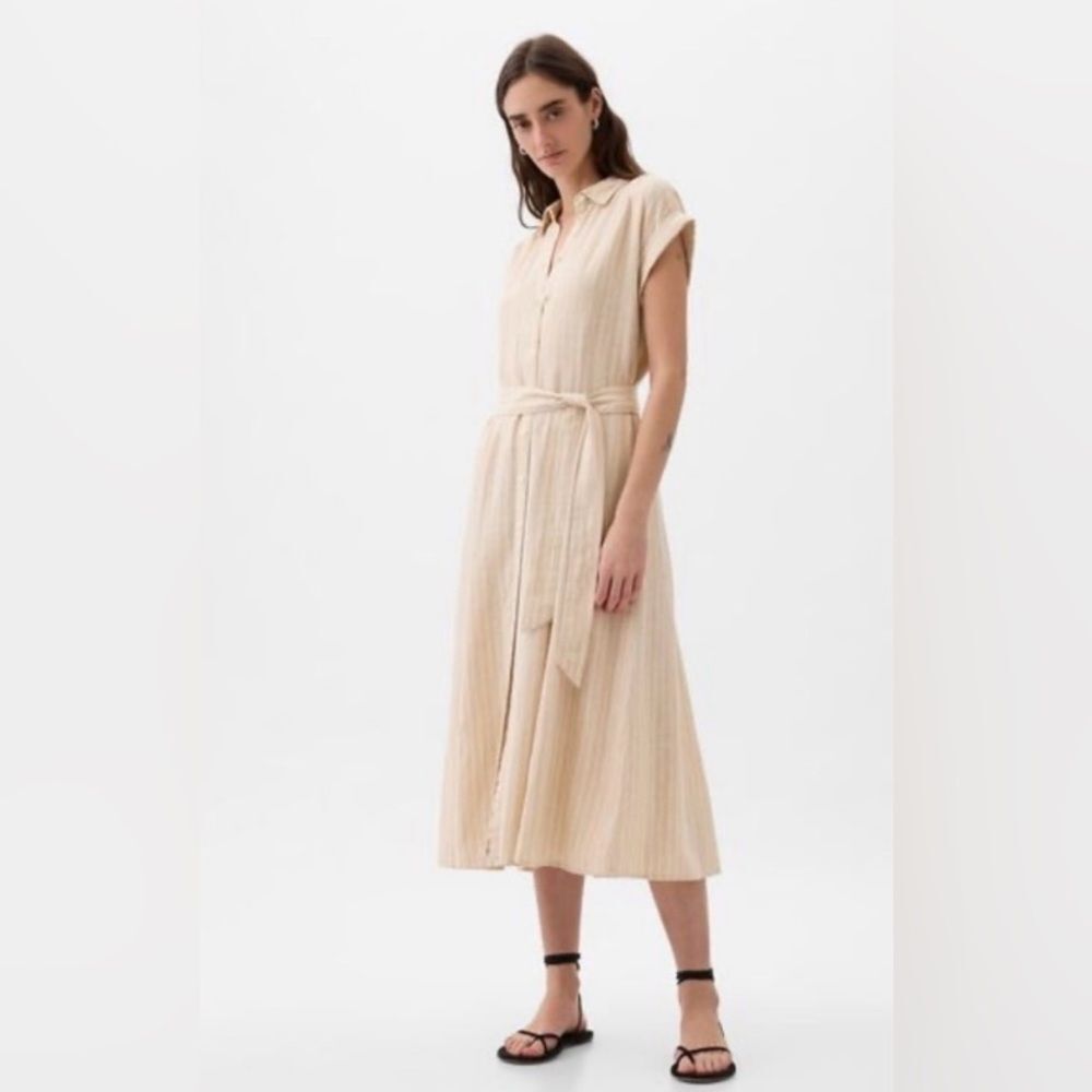Linen blend Button down Shirt Midi Dress cream Striped Size M Minimalist
